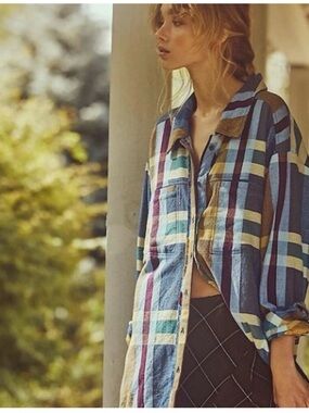 We The Free Plaid Button-Up Shirt in Blue, Mustard & Burgundy MSRP$148.